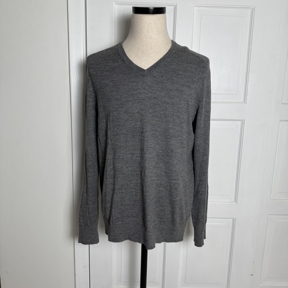 Express Sweater‎ Mens Large Gray V Neck Merino Wool Blend Lightweight Pullover